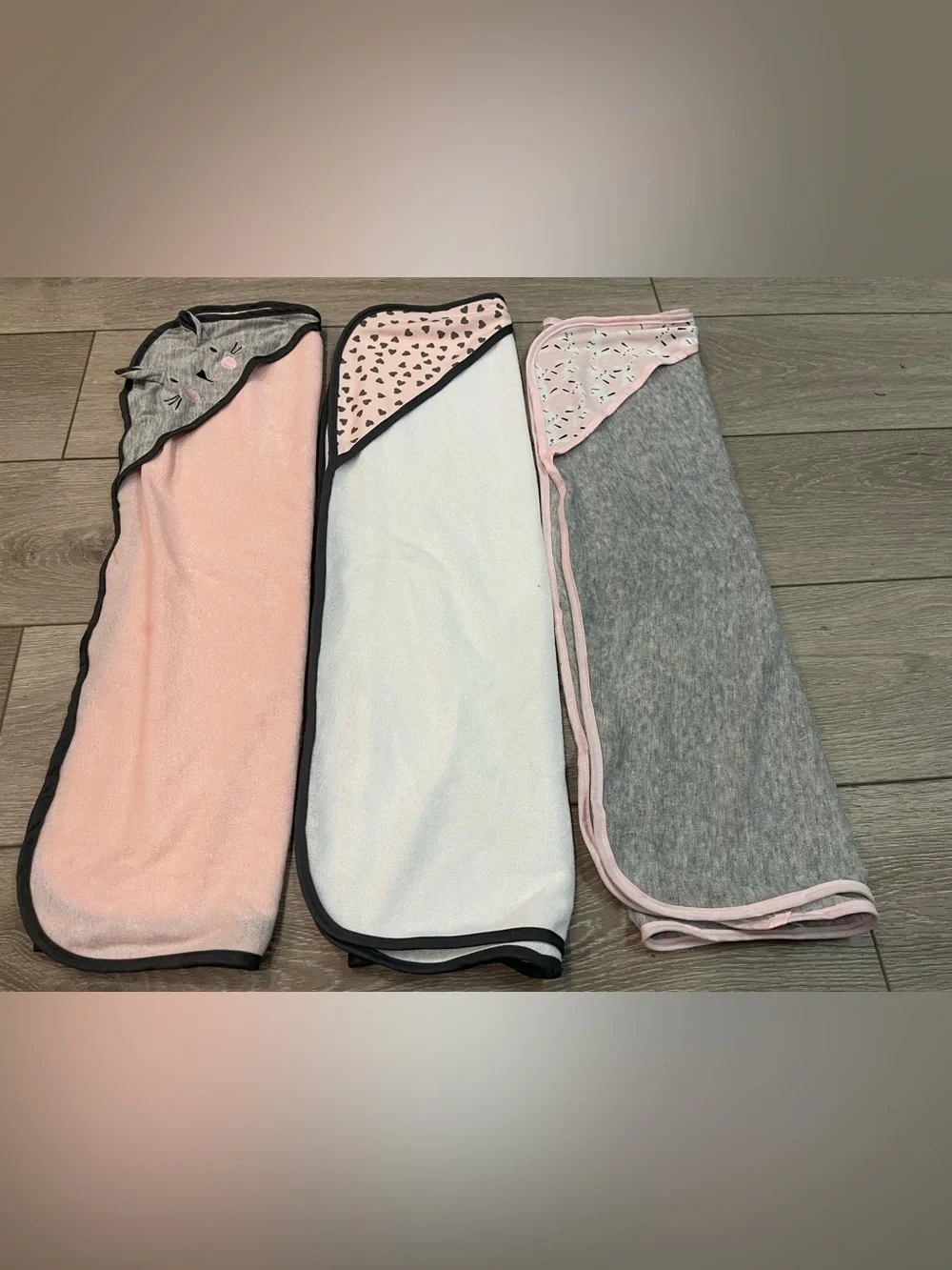 Baby Hooded Towel Trio - Pink, White & Gray